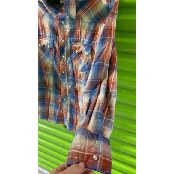 Rustler Wrangler Mens Plaid Western Pearl Snap Shirt Blue Orange Metallic Medium - Picture 7 of 13